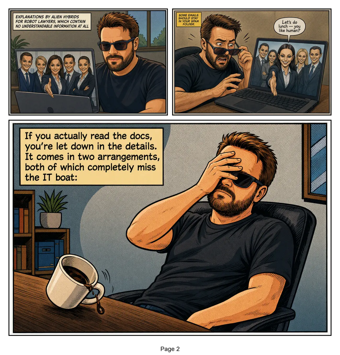 Page 2: reading a strange corporate group photo, the protagonist recoils as an alien-hybrid figure offers to 'do lunch'.